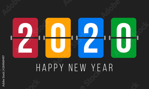 2020 digits over colorful flip boards and text happy new year, greetings poster or card with dark background, vector illustration