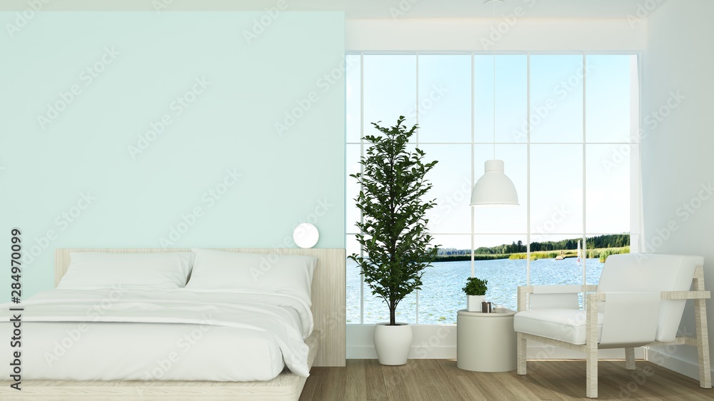 3D interior rendering bedroom space and wall decoration and nature view background 