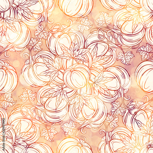 Colorful autumn vector seamless pattern with pumpkins and maple leaves. Sunny background in warm color palette.