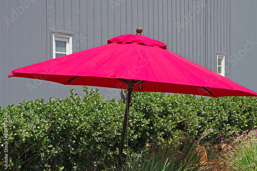 A red umbrella in front of a green hedge and chairs hidden the decorative grass plants next to the according coffee shop