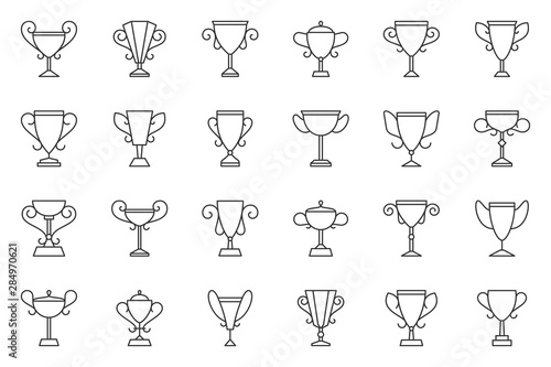 Champion cup trophy simple line icon vector set