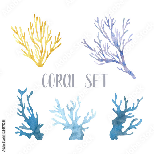 Watercolor set with glowing coral sea reef. Pantone trend colors of climate change. Hand drawn illustration. Perfect for wrapping paper, printable, textile, sticker
