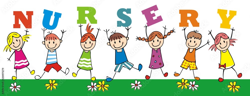 Fototapeta premium Nursery, vector illustration. Group of little girls and boys with inscription nursery.