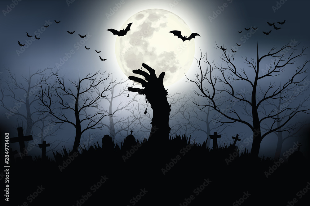 Fototapeta premium Zombie hands rising in dark Halloween night. Vector illustrator