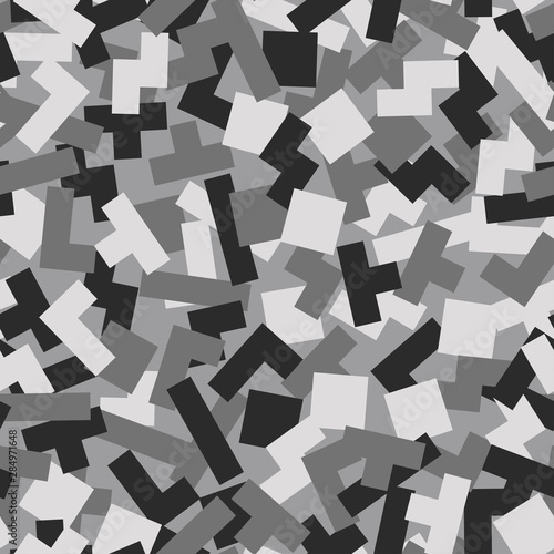 Geometric camouflage seamless pattern. Abstract modern camo, black and white modern military texture background. Vector illustration.