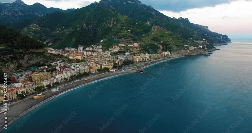 AERIAL calm morning views of Ravello, Italy. Still morning coastal waters AERIAL calm morning views of Ravello, Italy. Still morning coastal waters