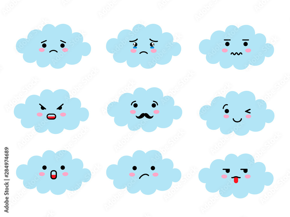 Set of cloud shaped emoji with different mood. Kawaii cute clouds emoticons and Japanese anime emoji faces expressions. Set of cloud shaped emoji with different mood. Kawaii cute clouds emoticons and Japanese anime emoji faces expressions.