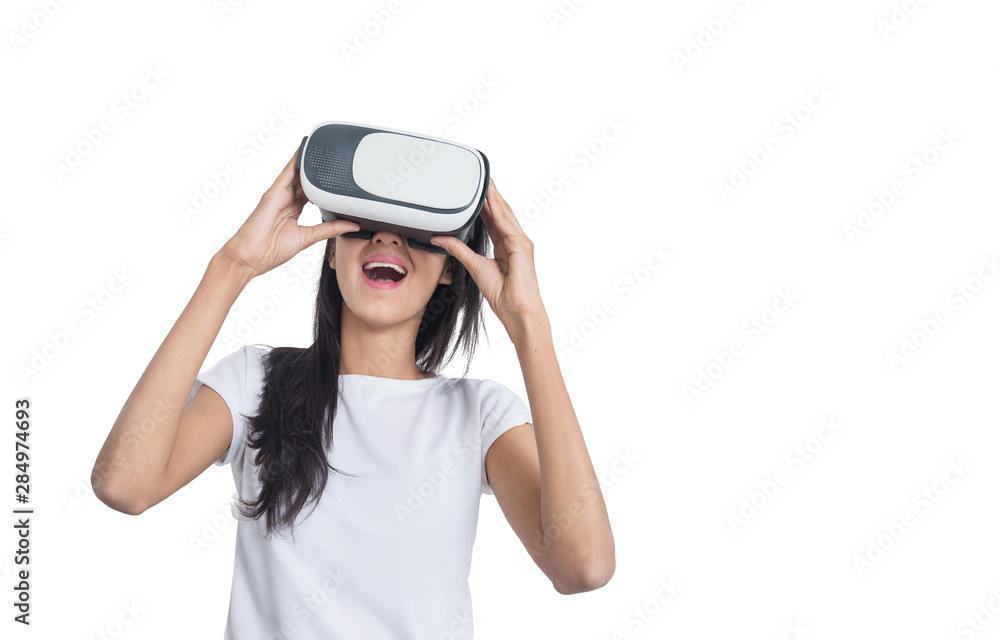 Metaverse Technology Concept Beautiful Girl wearing augmented reality headsets device, VR virtual reality goggle, Asian female enjoying and exploring digital cyber virtual game entertainment. Metaverse Technology Concept Beautiful Girl wearing augmented reality headsets device, VR virtual reality goggle, Asian female enjoying and exploring digital cyber virtual game entertainment.