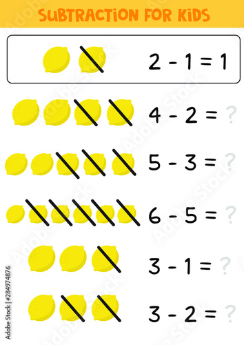Educational math children game. Subtraction for kids. Math worksheet.