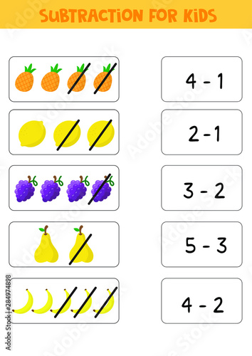 Slika na platnu Educational math children game. Subtraction for kids. Match game.