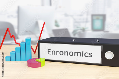 Enronomics – Finance/Economy. Folder on desk with label beside diagrams. Business/statistics. 3d rendering