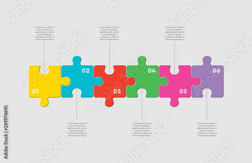 Six pieces jigsaw puzzle square line infographic