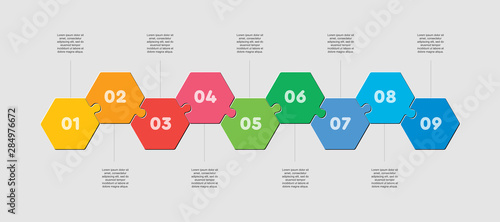 Nine pieces puzzle hexagon line info graphic.