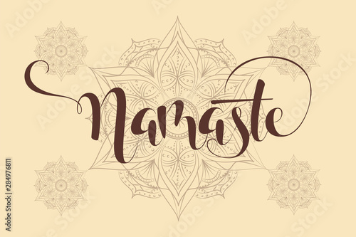 Namaste sign. Hello in hindi. Lotus flower isolated on white background. Motivational positive quote. Yoga center emblem. Vector vintage illustration.