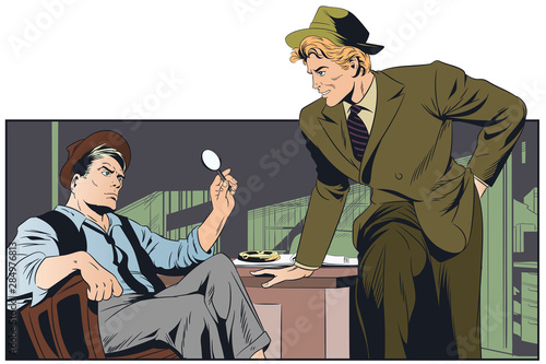 Talking retro detectives. Stock illustration.