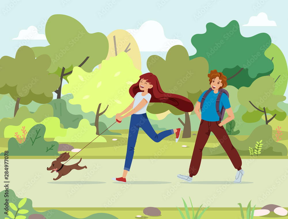 Couple of Happy School Kids Walk in Park with Dog Couple of Happy School Kids Walk in Park with Dog