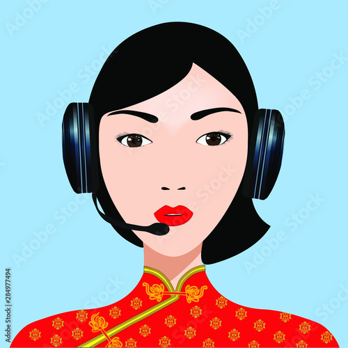 Call center chinese agent avatar. Online chat operator Online customer service assistant with headphones. Reference service. Vector