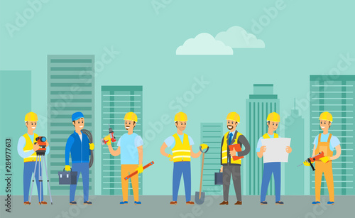 Engineers and builders vector, man wearing uniform holding drill in hands, cityscape with building and clouds, supervisor with box suitcase tools