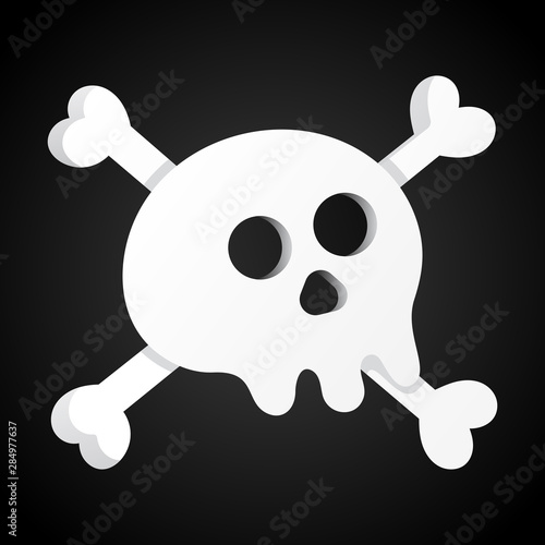 Simple flat style design scull with crossed bones icon sign vector illustration isolated on black background. Human part head, Jolly Roger pirat flag symbol or halloween element of scary decoration