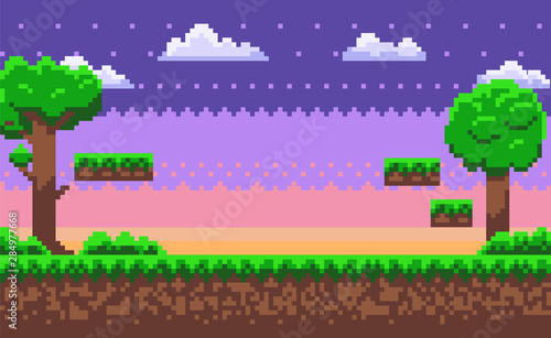 Landscape page of pixel game, green trees and bushes, cloudy sky, underground and grass, road with steps, adventure platform, nobody poster vector, pixelated nature for mobile app games