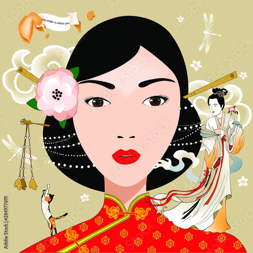 Beautiful Chinese Woman with with a little ancient chinese princess and cat. Surrealism. Magic. Vector