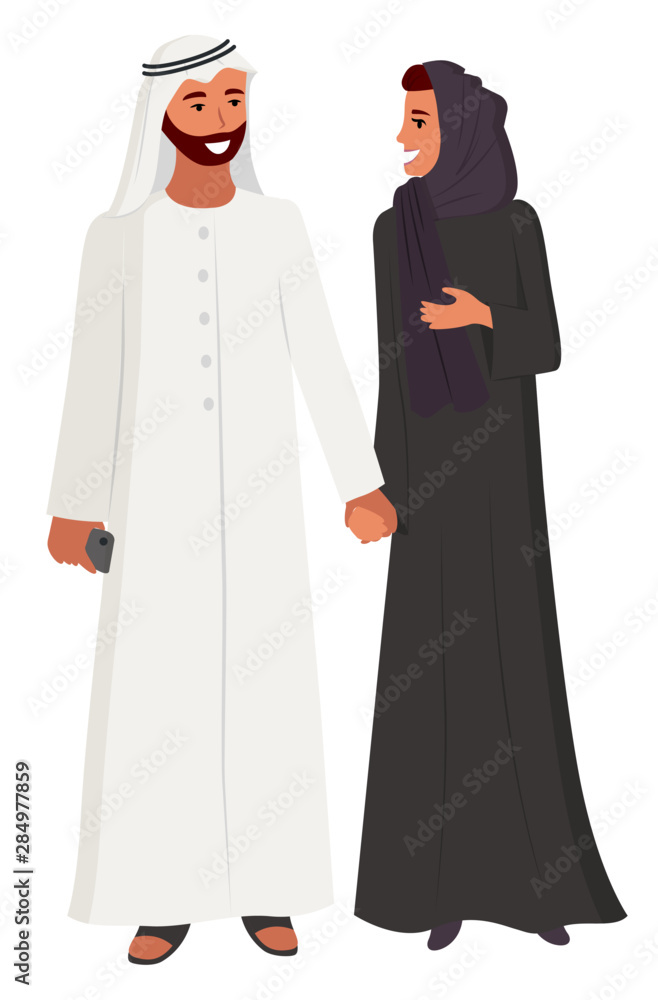 Arab people man and woman vector, isolated characters muslim religion. Friendly couple wearing hijab and long coat flat style characters eastern nation