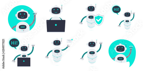 Robot chatbot icon sign flat style design vector illustration set isolated on white background. Cute AI bot helper mascot character with new message letter, envelope, shield symbol business assistant.