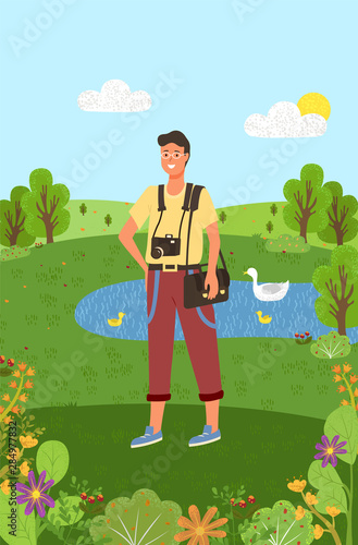 Man equipped with camera and photographers kit vector, person walking in park. Forest with pond and swimming swans and ducks, bushes and trees greenery