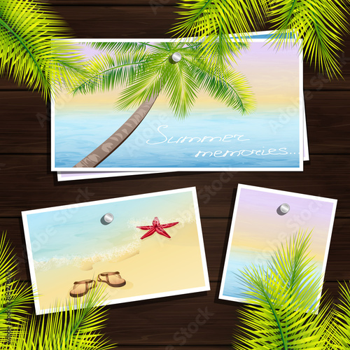 Tropical photos with sea landscapes on the wood wall. Summer memories collage. Frame with palm leaves. Vector, EPS 10 © tartianka