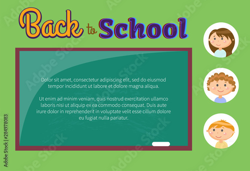 Back to school, chalkboard with chalk and pupils or children vector. Girls and boys, classroom furniture and students or kids, education and knowledge