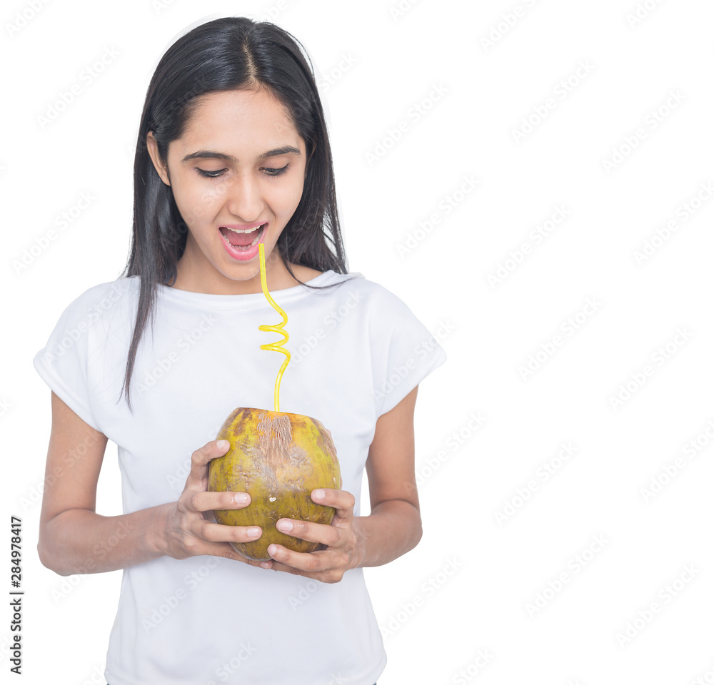 Young asian girl enjoying fresh coconut water Isolated on White Background, summer drink concept. copy space Young asian girl enjoying fresh coconut water Isolated on White Background, summer drink concept. copy space