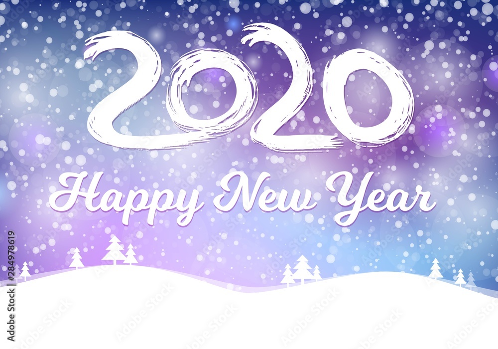 2020 happy new year postcard with falling snow on blue sky, frozen numbers 2020, snowdrifts, flat style design vector illustration on mesh background. Year of the metal rat.