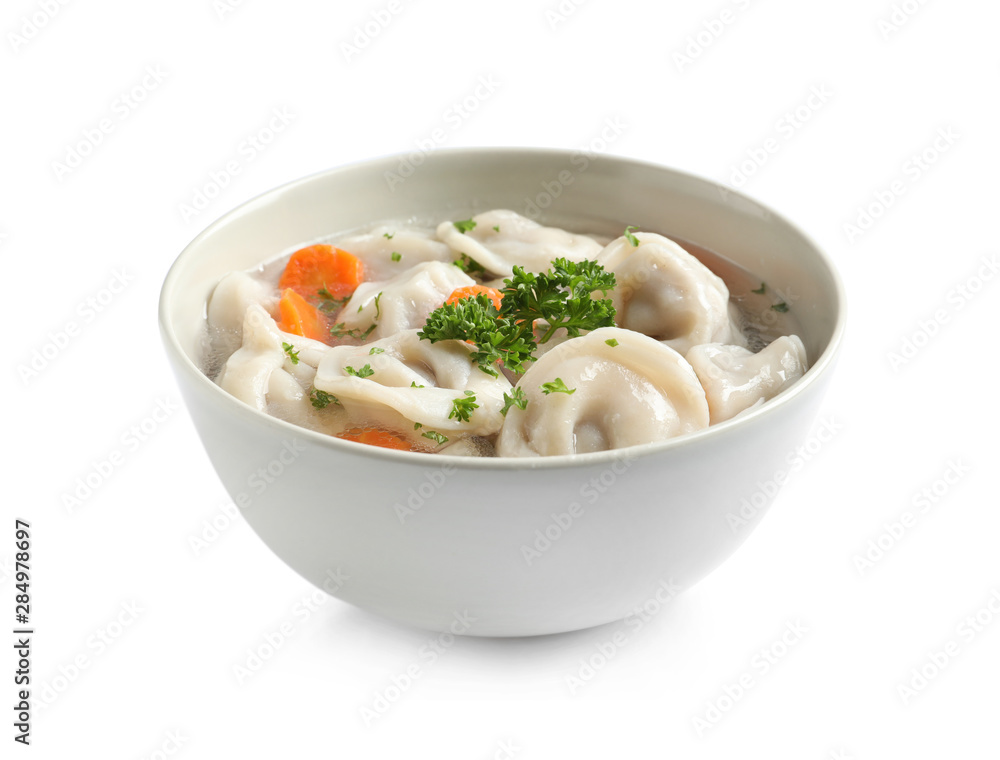 Bowl of tasty dumplings in broth isolated on white Bowl of tasty dumplings in broth isolated on white