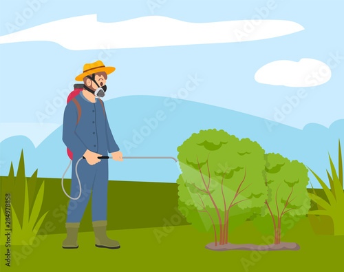 Man in protective mask spraying on plants, farmer or agriculture worker protect bushes from pest, bugs control. Vector gardener spray chemicals, fertilizer