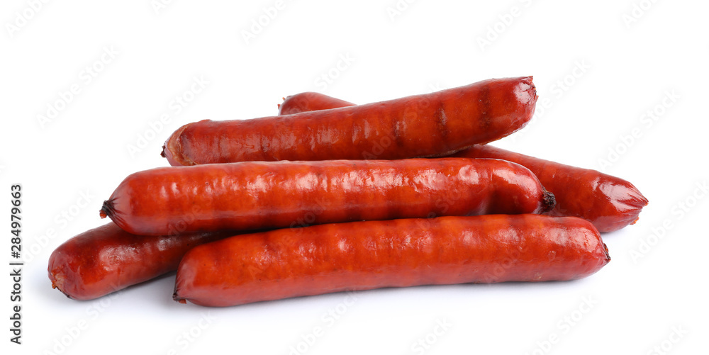 Delicious grilled sausages on white background. Barbecue food Delicious grilled sausages on white background. Barbecue food