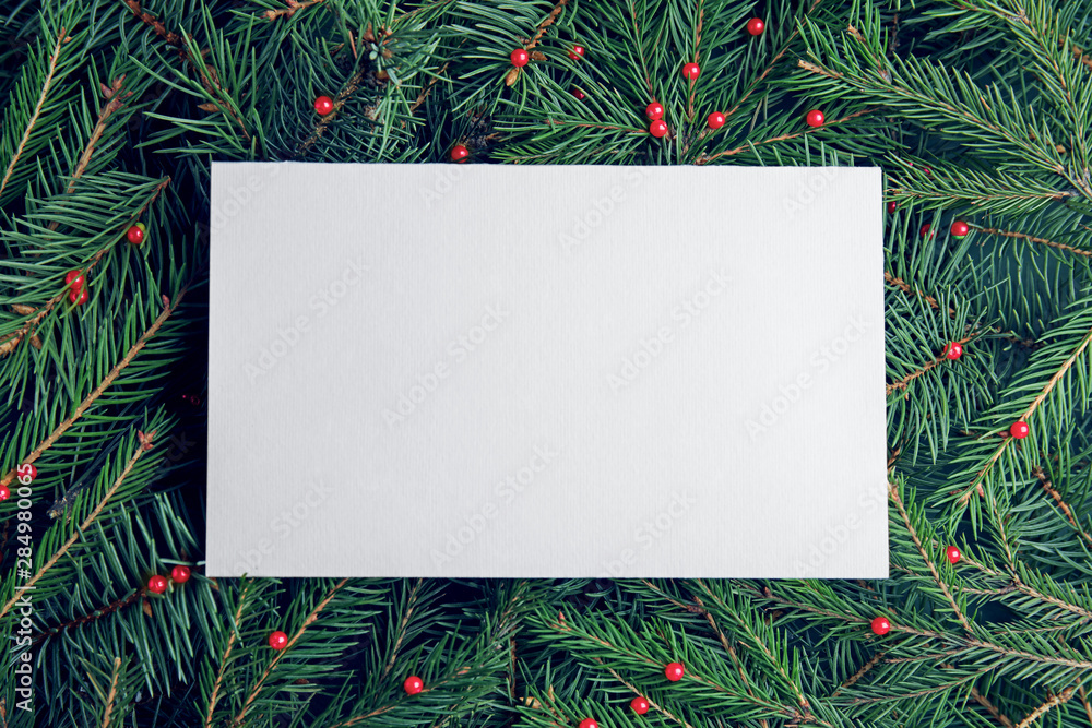 Blank card on Christmas tree branches as background, top view. Space for text Blank card on Christmas tree branches as background, top view. Space for text
