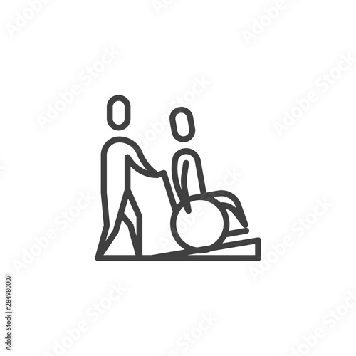 Disabled people help line icon. linear style sign for mobile concept and web design. A man pushing a wheelchair with a patient outline vector icon. Symbol, logo illustration. Vector graphics