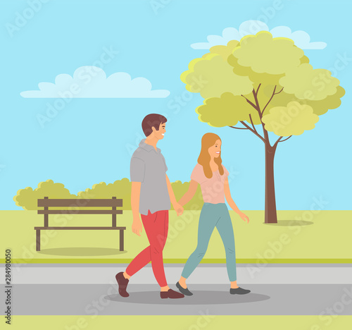 Spring season fun vector, people on date walking in park with greenery and foliage of trees, bench and lawns. Boyfriend and girlfriend holding hands