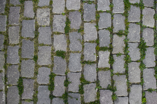 Texture overgrown with green grass stone pavers. View from above. Top view.