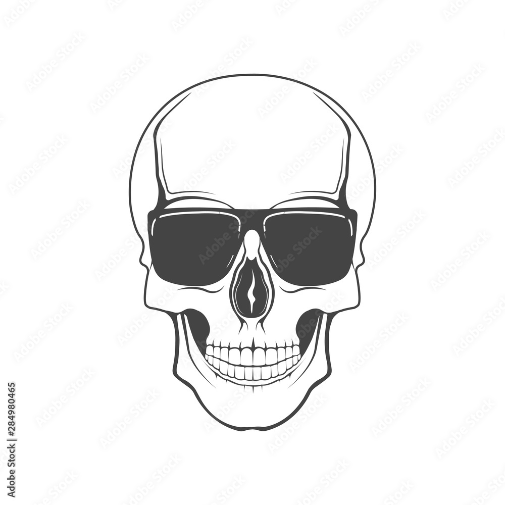 Vector graphic logo concept. Human skull with glasses. Symbol