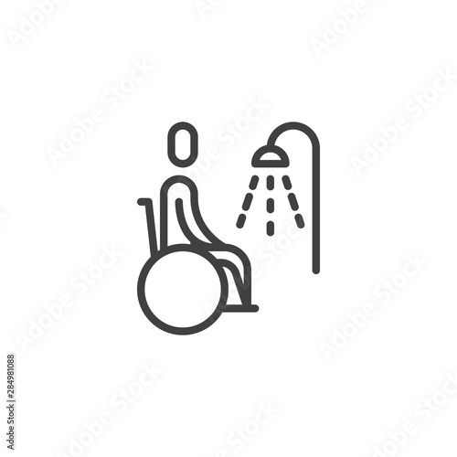 Wheelchair shower line icon. linear style sign for mobile concept and web design. Disabled restroom outline vector icon. Symbol, logo illustration. Vector graphics