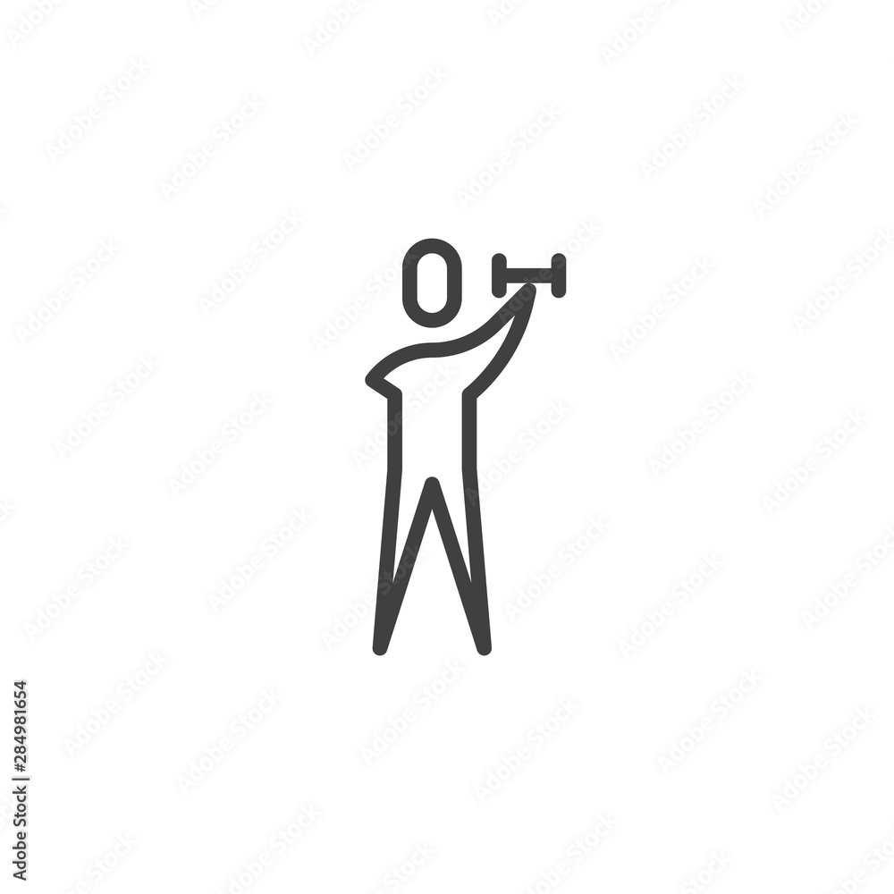 Disabled man with dumbbell line icon. linear style sign for mobile concept and web design. Man without arm making exercise outline vector icon. Accessibility symbol, logo illustration. Vector graphics Disabled man with dumbbell line icon. linear style sign for mobile concept and web design. Man without arm making exercise outline vector icon. Accessibility symbol, logo illustration. Vector graphics