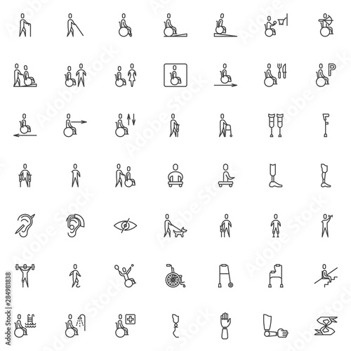 Disabled line icons set. linear style symbols collection, outline signs pack. vector graphics. Set includes icons as disabled man with walker, handicapped patient, wheelchair ramp, braille, deafness