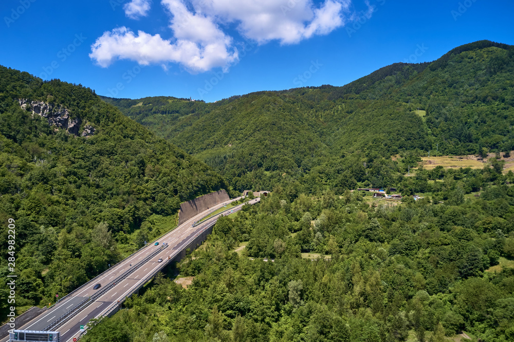 Aerial photography. Panoramic view of the Alps north of Italy. Trento Region, San Lorenzo Dorsino. Great trip to the Alps