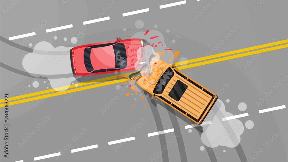 Road accident between two cars. Vehicle collision on grey background. Broken wings and bumpers, crashed windows. Top view. Traffic regulations. Rules of the road. Vector illustration in flat style Road accident between two cars. Vehicle collision on grey background. Broken wings and bumpers, crashed windows. Top view. Traffic regulations. Rules of the road. Vector illustration in flat style