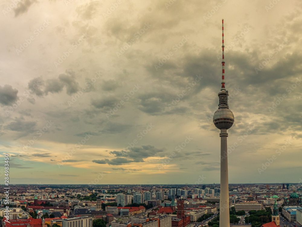Obraz premium BERLIN, GERMANY - August 11, 2019 - Panoramic view over Berlin at evening from the roof of the Hotel Park Inn Berlin