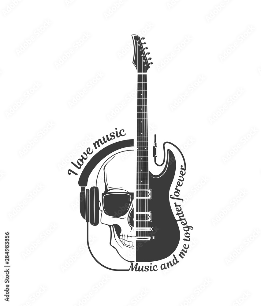 Vector logo of rock music. Electric guitar and skull. Concept gr
