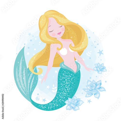 Beautiful mermaid for t shirts and fabrics or kids fashion artworks, children books. Fashion illustration drawing in modern style. Cute Mermaid. Girl print.