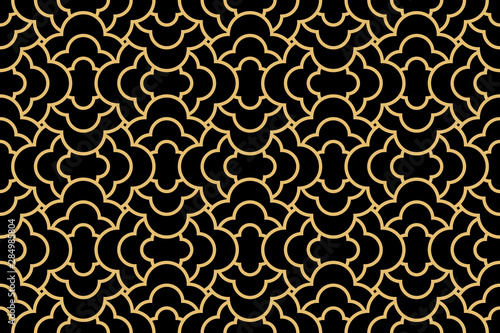 The geometric pattern with wavy lines. Seamless vector background. Gold and black texture. Simple lattice graphic design