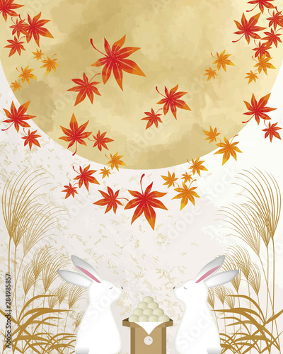 十五夜　満月　月　スーパームーン　すすき　うさぎ　団子　お月様　水彩　和風　和柄　日本　紅葉　もみじ